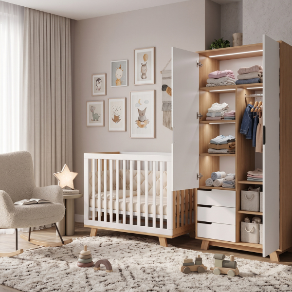 Dvoudveřová šatní skříň Lussi Gekko.  85х47х183cm. Bílá / Přírodní Buk